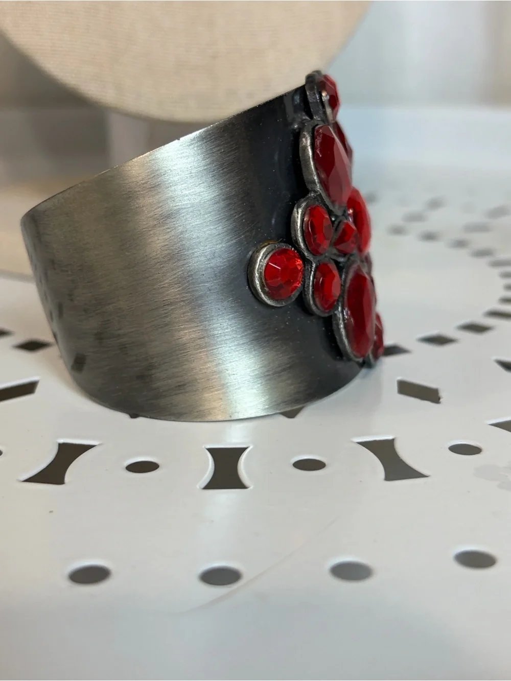 Bold pewter tone Cuff Bracelet with Red Crystal Cluster